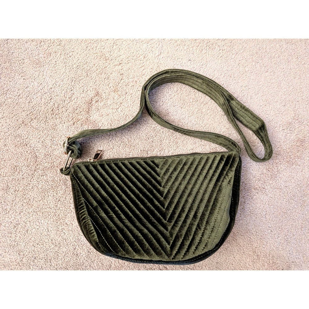 Anthropologie Olive Green Velvet Chevron Quilted Crossbody Bag